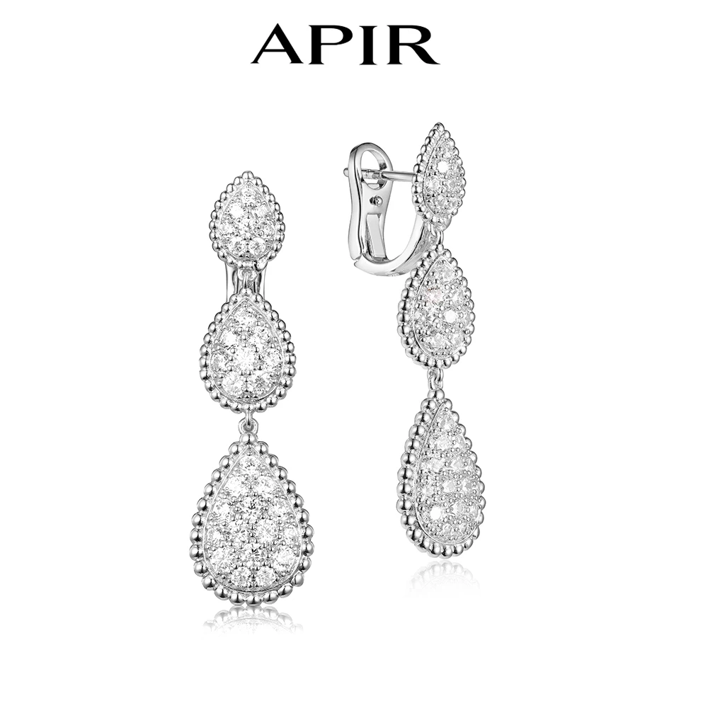 

APIR 18K White Gold Plated Ear Clip Zircon Women's Large Drop Earrings Party Wedding Vintage Classic Luxury Long Hanging Earring