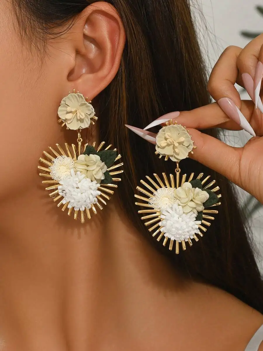 

Floral Heart Drop Earrings For Women Pink Polyester Iron Design