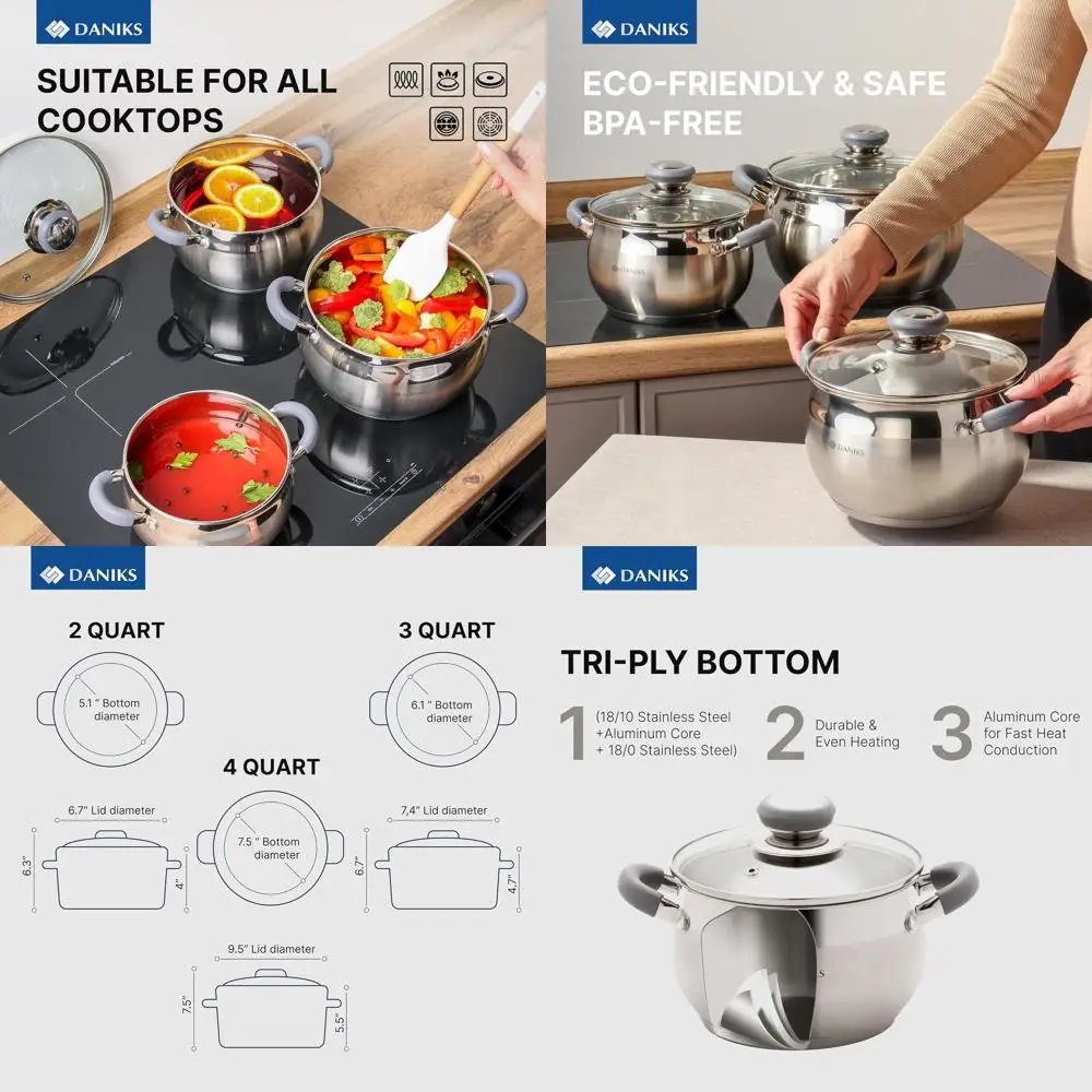 

6-Piece Stainless Steel Cookware Set with Glass Lids, Even Heat Distribution, Induction Ready, Dishwasher Safe, Heat-Resistant H