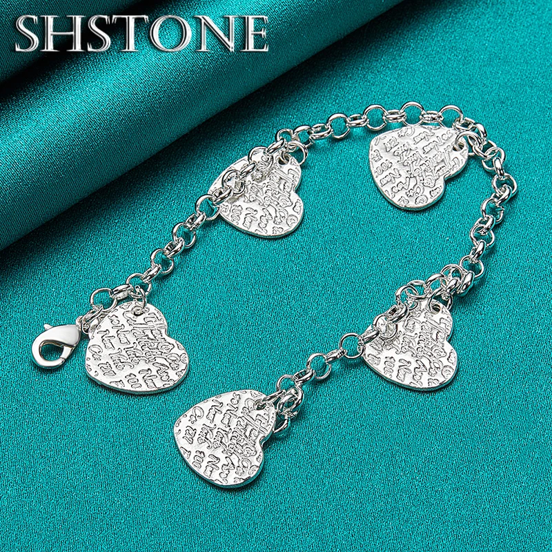 Nice 925 Sterling Silver Five Heart Pattern Chain Bracelet For Women Party Birthday Gifts Lady Fashion Charm Jewelry Accessories 6