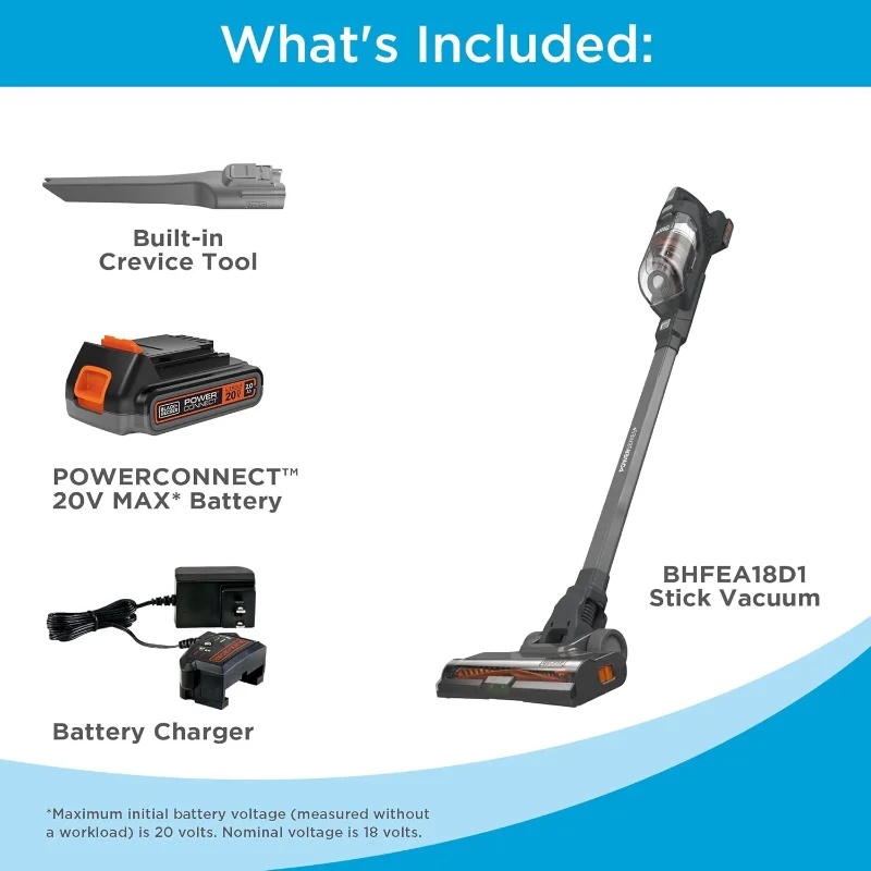 BLACK+DECKER POWERSERIES+ 20V MAX 무선 진공 청소기, LED 바닥 조명으로 충전식 스틱 진공 청소기