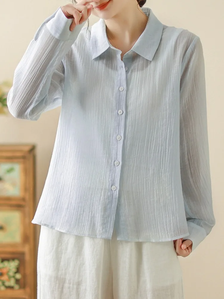 Chic Anti-Aging Cotton Linen Light Blue Shirt Women's Autumn Layering Beautiful Long Sleeve Loose Feeling Top