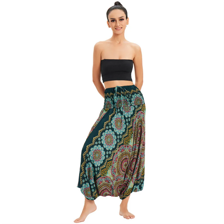 Women's Bohemian Hippie Pants with Smoked Print Design  Loose Lantern Pants Yoga Pants Dress Beach Vacation Skirt