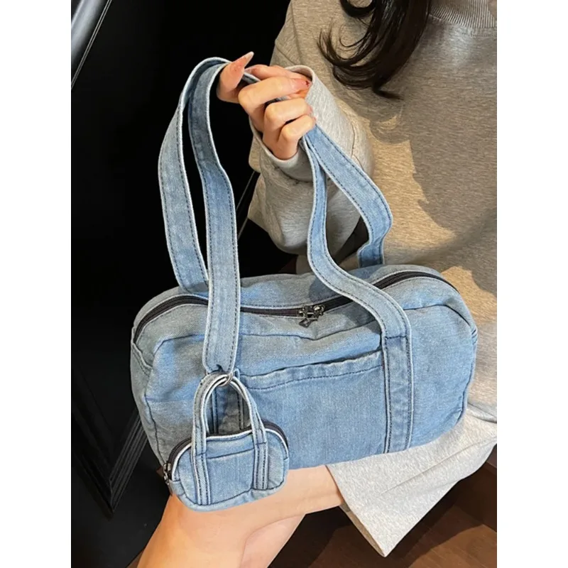 

Большая джинсовая сумка через плечо Capaci, женская повседневная сумка с подушкой, сумка из мягкой ткани с двойными ремнями и застежкой-молнией