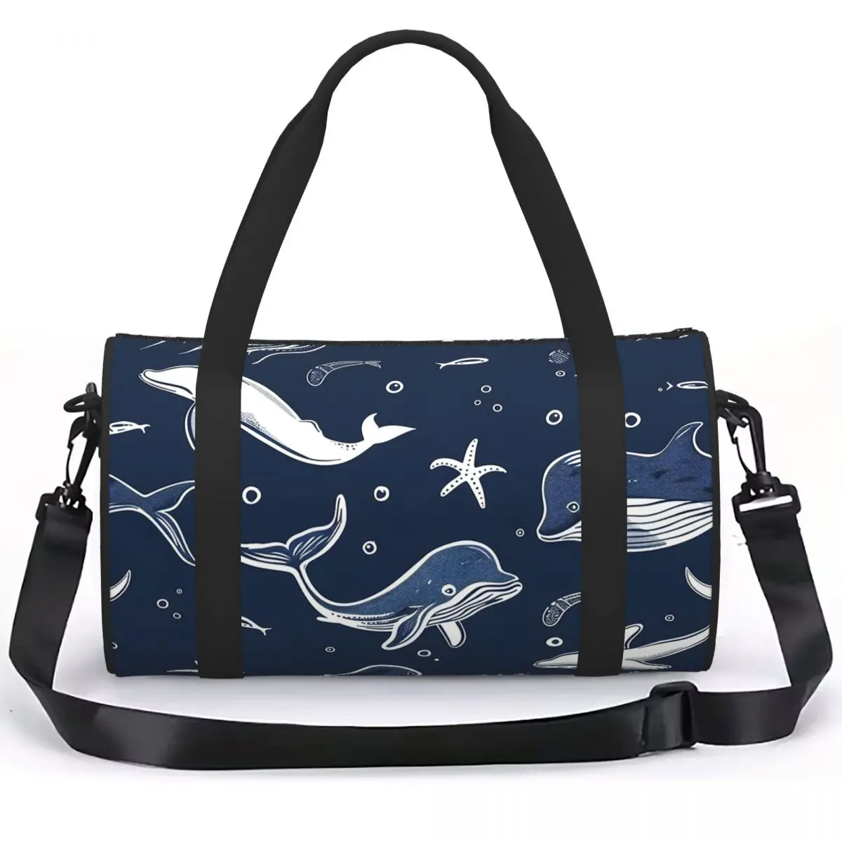Copy Of Sea Animals White Lines Dark Blue Background. Throw Luggage Bag Multi-Functional Duffle Tote Bag Handbags Gym Bags