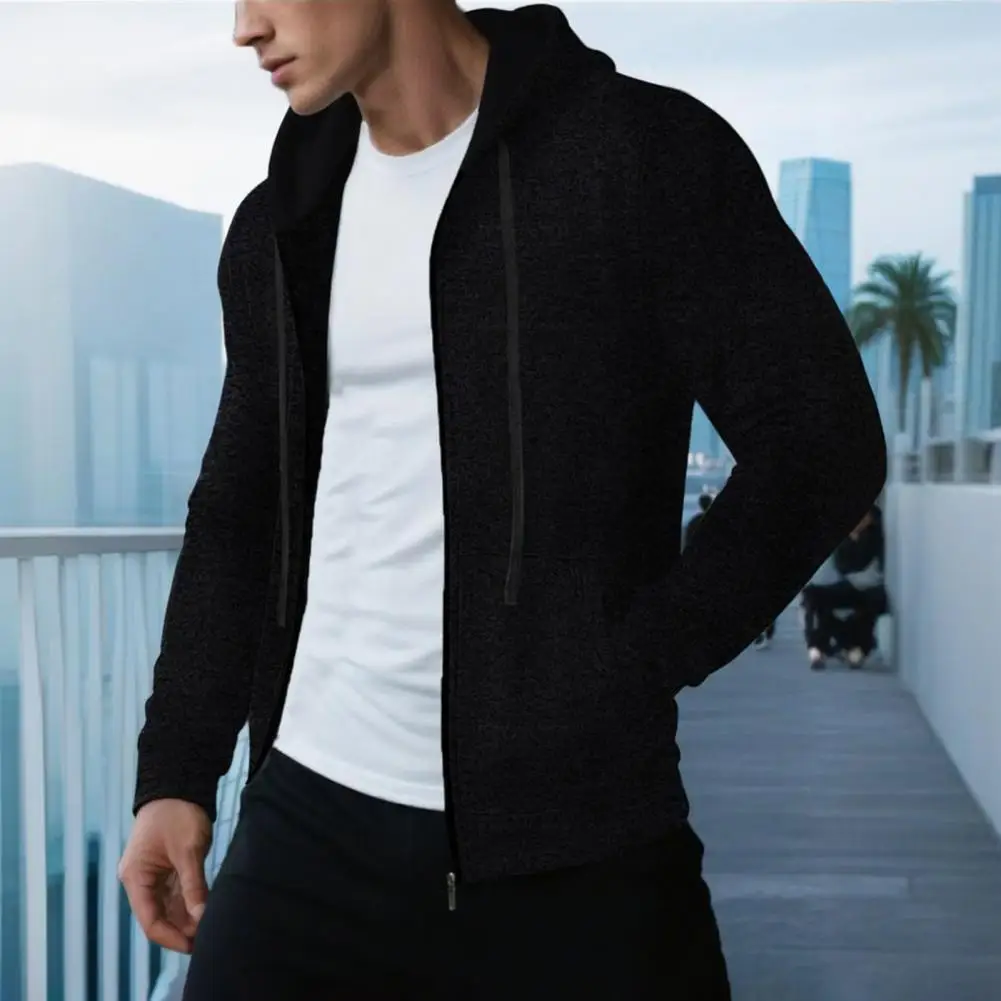 2026 معطف رجالي بقلنسوة برباط وأكمام طويلة وسحاب للإغلاق سترة غير رسمية مع جيوب بلون سادة ملابس خارجية رياضية فضفاضة