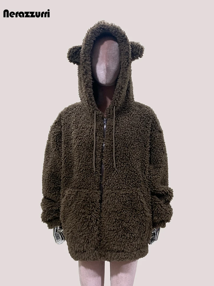 Mauroicardi Autumn Winter Brown Warm Soft Faux Fur Coat Hoodie with Bear Ears Sweet Cute Luxury Designer Clothes Fluffy Jacket