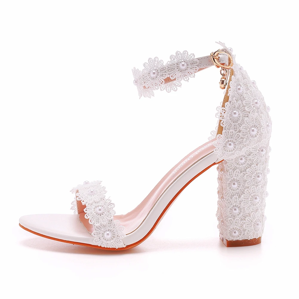 Crystal Queen Wedding Shoes Bride Elegant White Lace Pearl Design High Heels Women's High Heels Bride Wedding Shoes