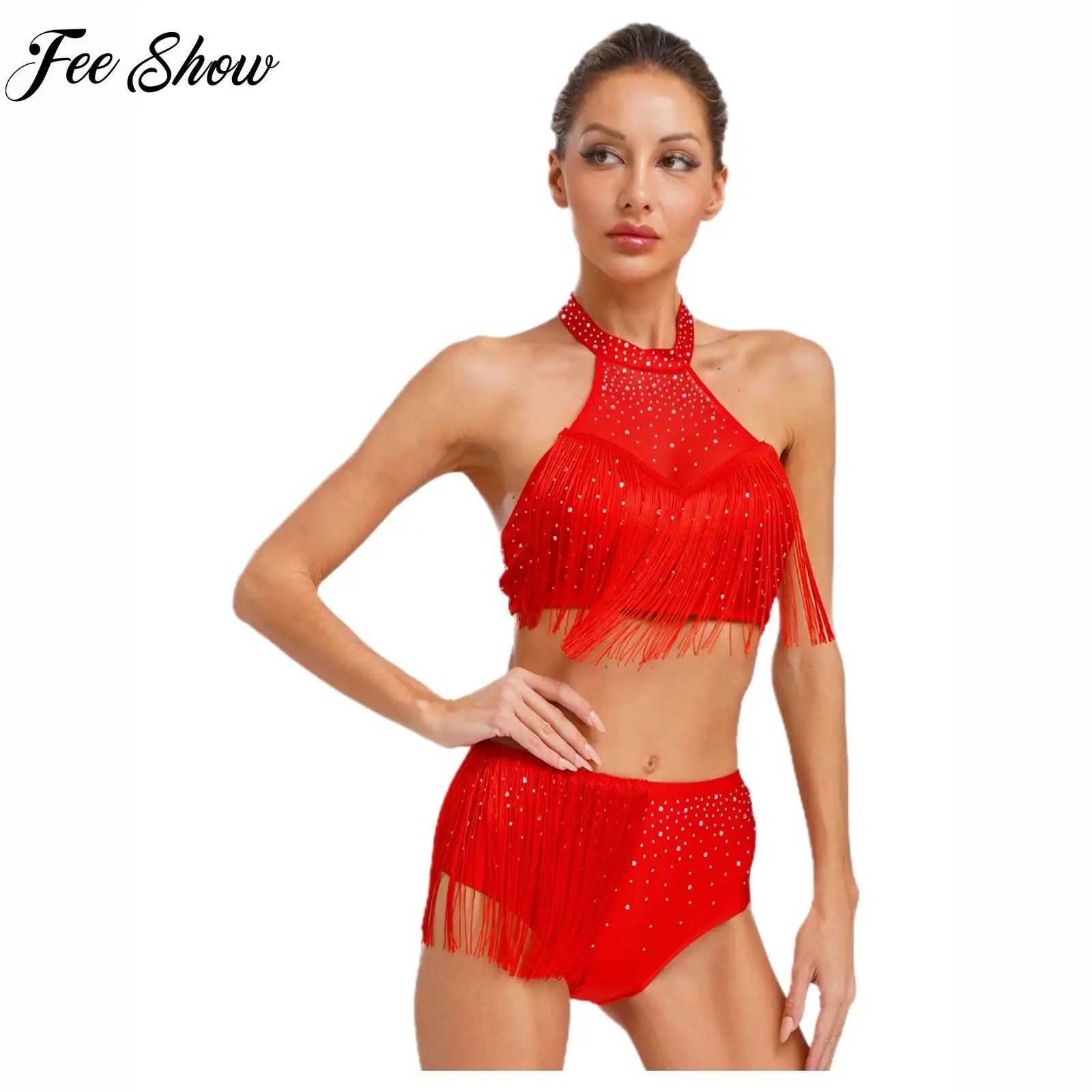 

Belly Dance Competition Costume Outfit Women's Tassel Cha-cha Samba Latin Dancing Performance Clothes Suit Rhinestone Top Shorts