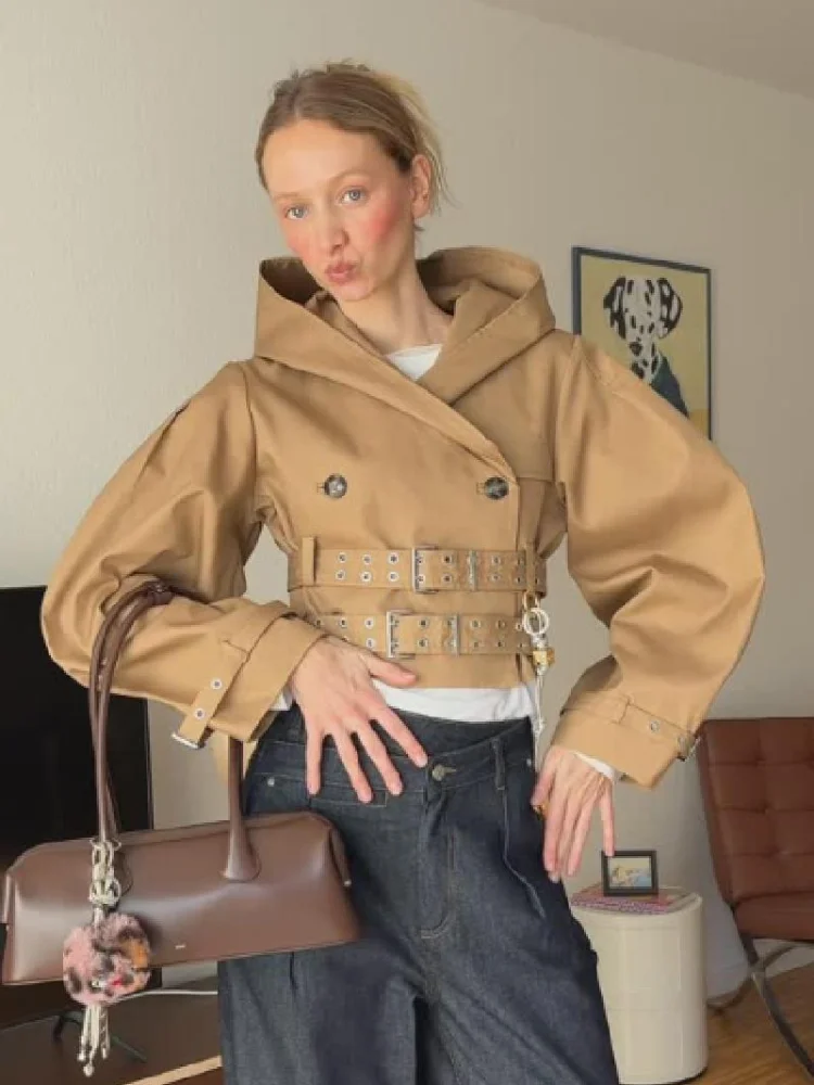 Vintage Long Sleeve Trench Coat Women Fashion Turn-down Collar Solid Double Breasted Jacket With Belt 2025 Autumn Windbreaker