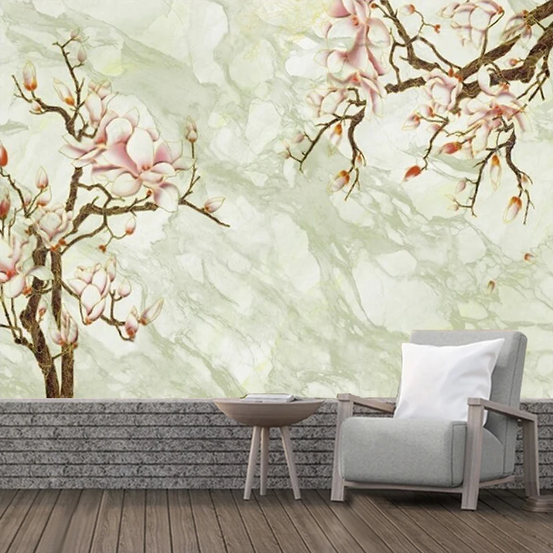 Modern Clear Meticulous Hand-Painted Magnolia Jade Flower And Bird Stone Pattern Marble Tree Branch TV Bedroom Wall Surface