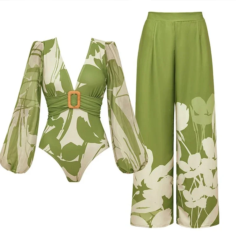 

Sexy Swimwear Sexy Swimwear Women V Neck Long Sleeve Flower Print One Piece Swimsuit and Pants Bathing Swimming Swim Suit