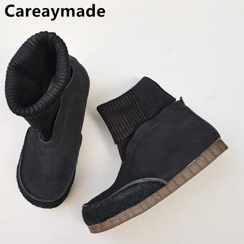 Careaymade-Genuine leather pure women\'s boots,cow leather elastic socks retro single flats soft TPR sole Large size shoes 35-45