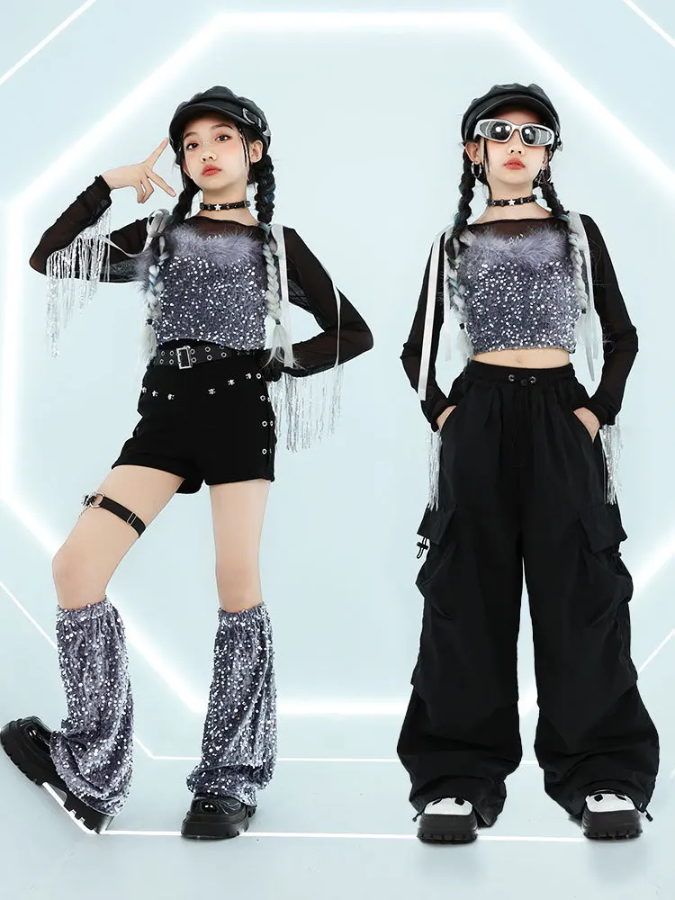 Girls Hip hop Street Dance Jazz Clothes Sets Tie dye mesh tops Shining Vest Cagro Pants Streetwear Child Kids outfits