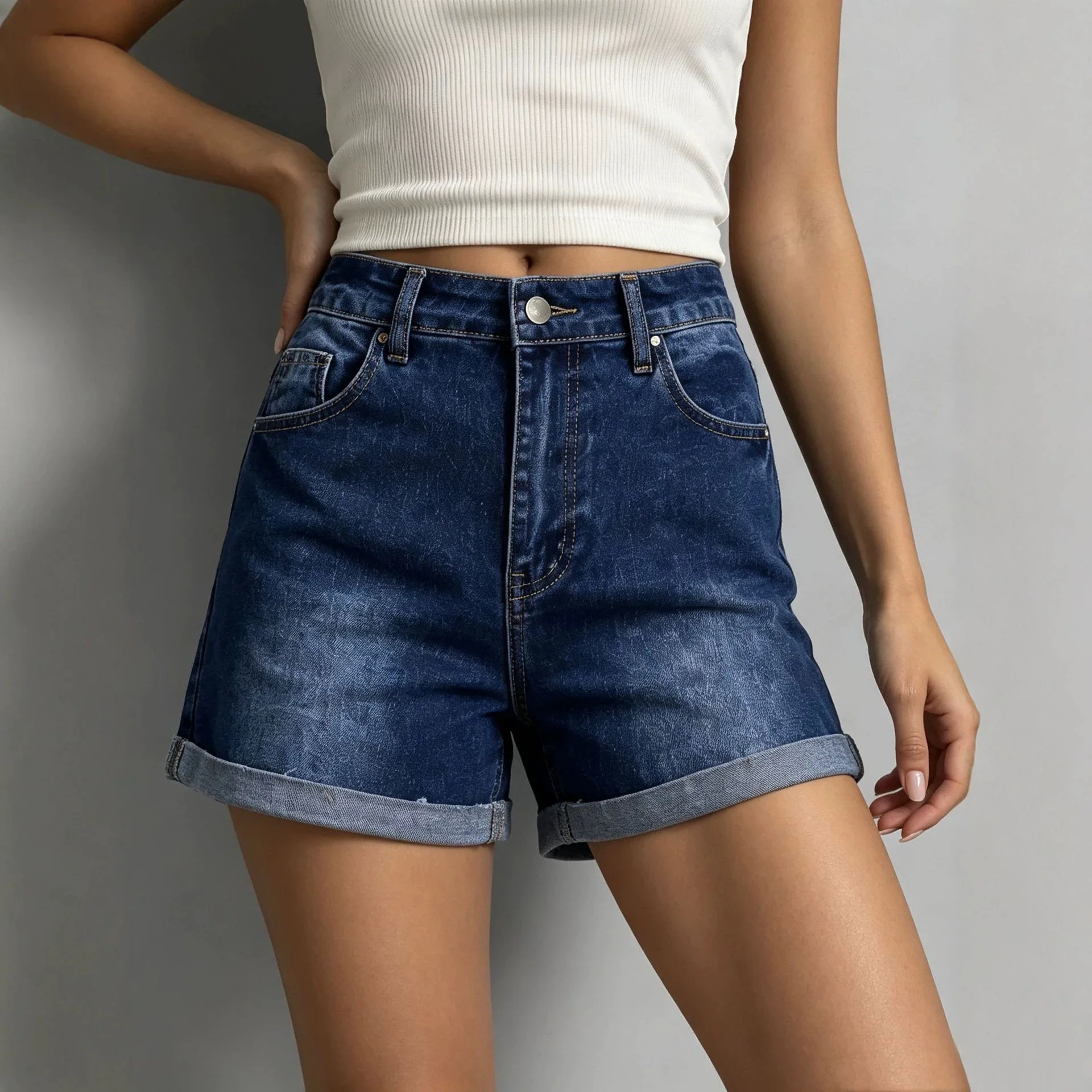 Dark Blue Retro Elastic High Waist Casual Fashion Women's Denim Shorts