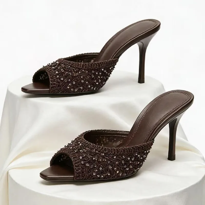 

Glisten String Beads Mesh High-Heeled Sandals for Women Summer Fashion Square-Toe Stiletto Slippers Luxury Designer Mule Sandals