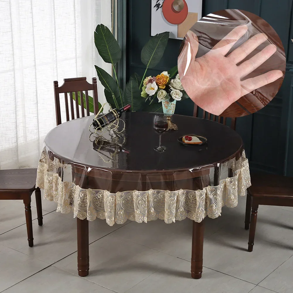 

Transparent Table Protector Tablecloth Lock Edge Round Waterproof Oil Resistant PVC Cover Stain Proof Wipeable Room Decorative