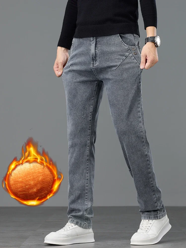 厚手暖かいスリムフリースジーンズメンズ冬新作ビジネスストレッチベルベットパンツ韓国風グレープラッシュデニムパンツ男性用