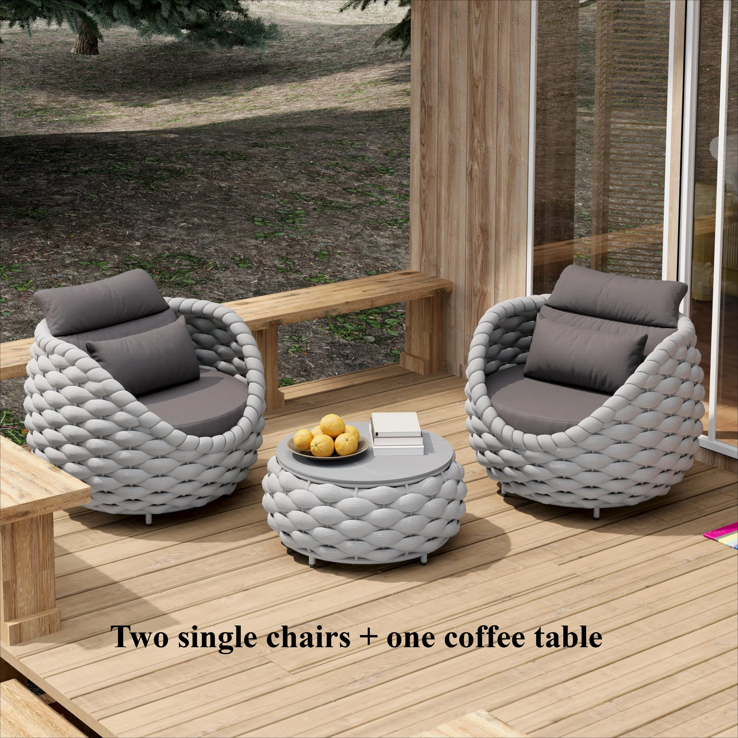 Tuinstoelenset van geweven touw, aluminium tuinmeubilair, 2-delige set met kussens, fauteuil en tafel, geschikt voor balkon, tuin, veranda, zwembadterras