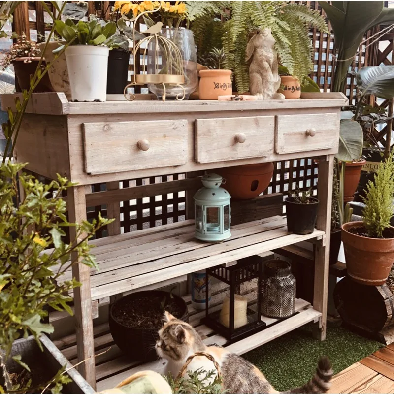 Vintage wooden garden table, flower room, indoor three-story gardening console, old gardening table made of Chinese fir