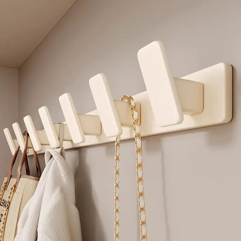 Cream White Adhesive Wall Hooks Rack, Heavy Duty Self Adhesive Door Hook Hanger with 7 Hooks, No Drilling Wall Mounted Coat Hook