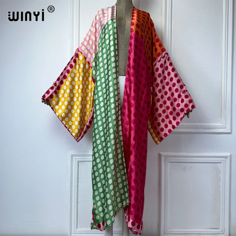 Winyi Kimono Vrouwen Dot Gradiënt Print Lange Mouw Vest Vrouwelijke Blouse Losse Abaya Strandkleding Cover Up Boho Dress Party Kaftan