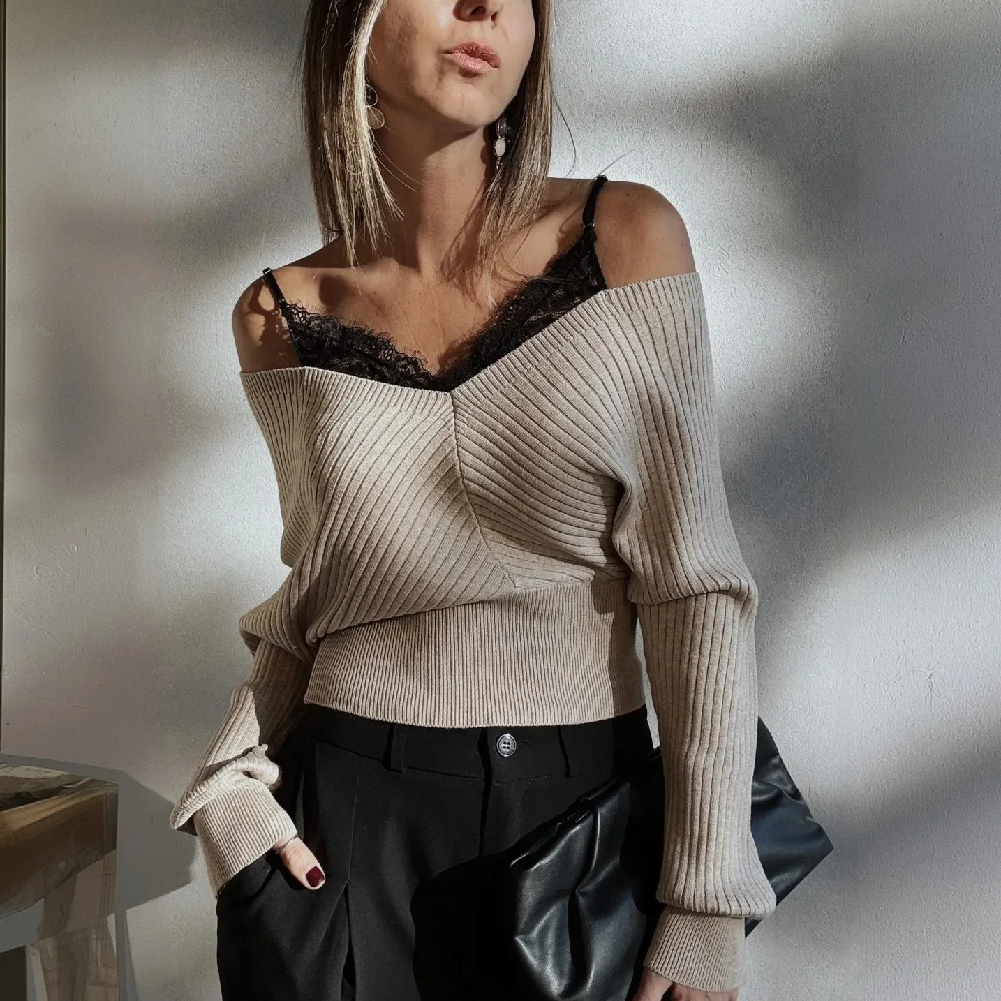 Women's Khaki Ribbed Knit Off Shoulder Top Lace Patchwork Fake Two Pieces V Neck Long Sleeve Cropped Slim Bodycon Sweater Y2K