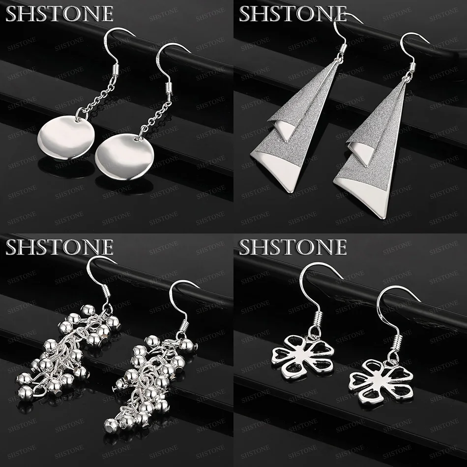 

New 925 Sterling Silver Round Grape Bead Flower Frosted Triangle Drop Earrings Elegant Jewelry Wedding Party Gift Accessories