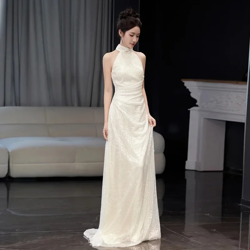 light 125 dress female 2024 new halter sleeveless temperament long light wedding dress