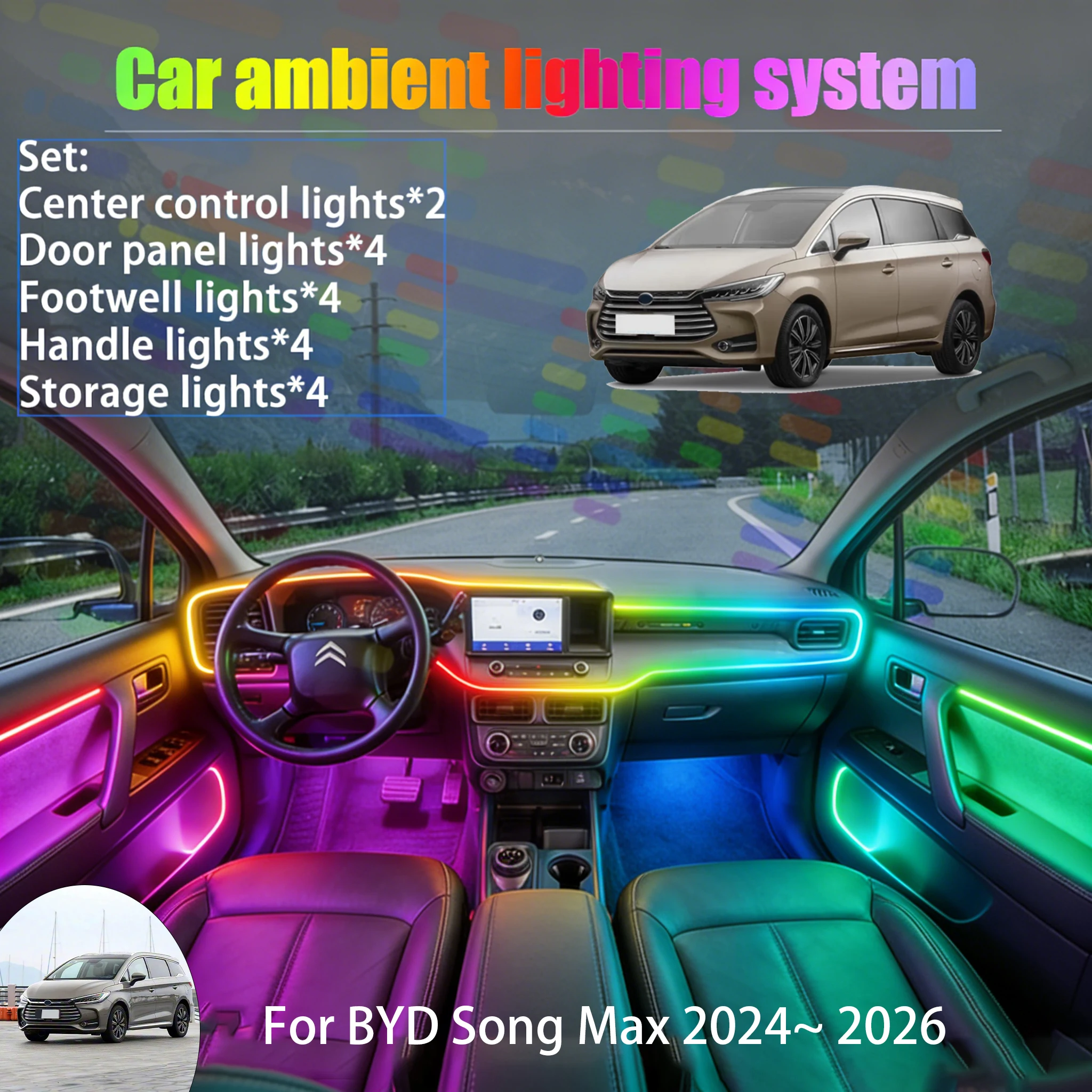 

For BYD Song Max 2024~ 2026 2/18 in 1 Car ambient lighting Led trunk interior led lights USB RGB Ensemble Streamer Auto Parts