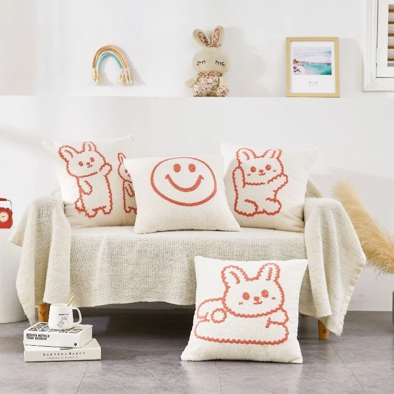 Cartoon Rabbit Teddy Plush Towel Embroidery Pillowcase Modern Minimalist Sofa Cushion Case Home Decor Pillow Cover