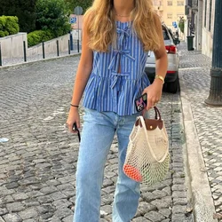 Summer Clothes Tank Top Women Elegant Striped Sleeveless Tie Up Cardigan Vest T Shirt Female Casual V-neck Tees Ladies Tshirts