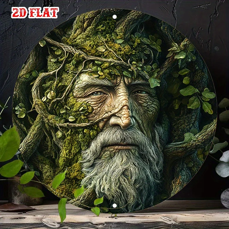 2D Flat - A Single Rustic Tin Sign in 2D Design Showcasing an Elderly Face Blended with Tree Roots And Leaves, Perfect for an Ar