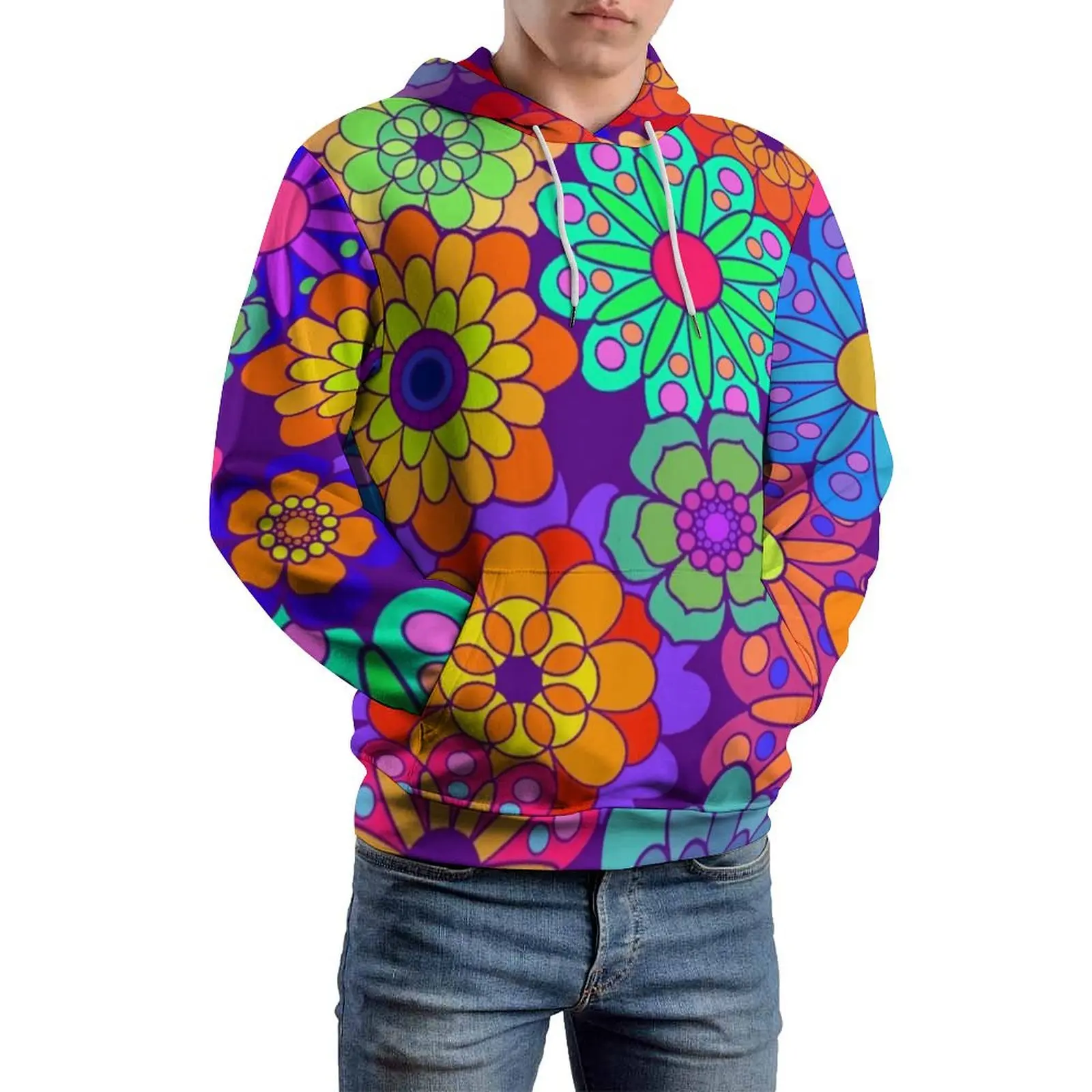 Colorful Bright Flowers Casual Hoodies Long Sleeve Retro Hippy Flower Retro Hoodie Autumn Loose Graphic Oversized Sweatshirts