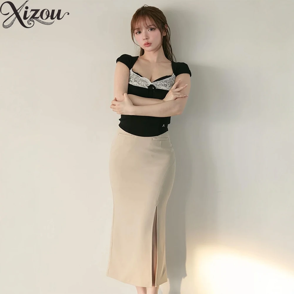 

Кружевная лоскутная облегающая женская футболка с короткими рукавами в японском стиле + полуюбка, летний женский комплект из двух предметов, наряды