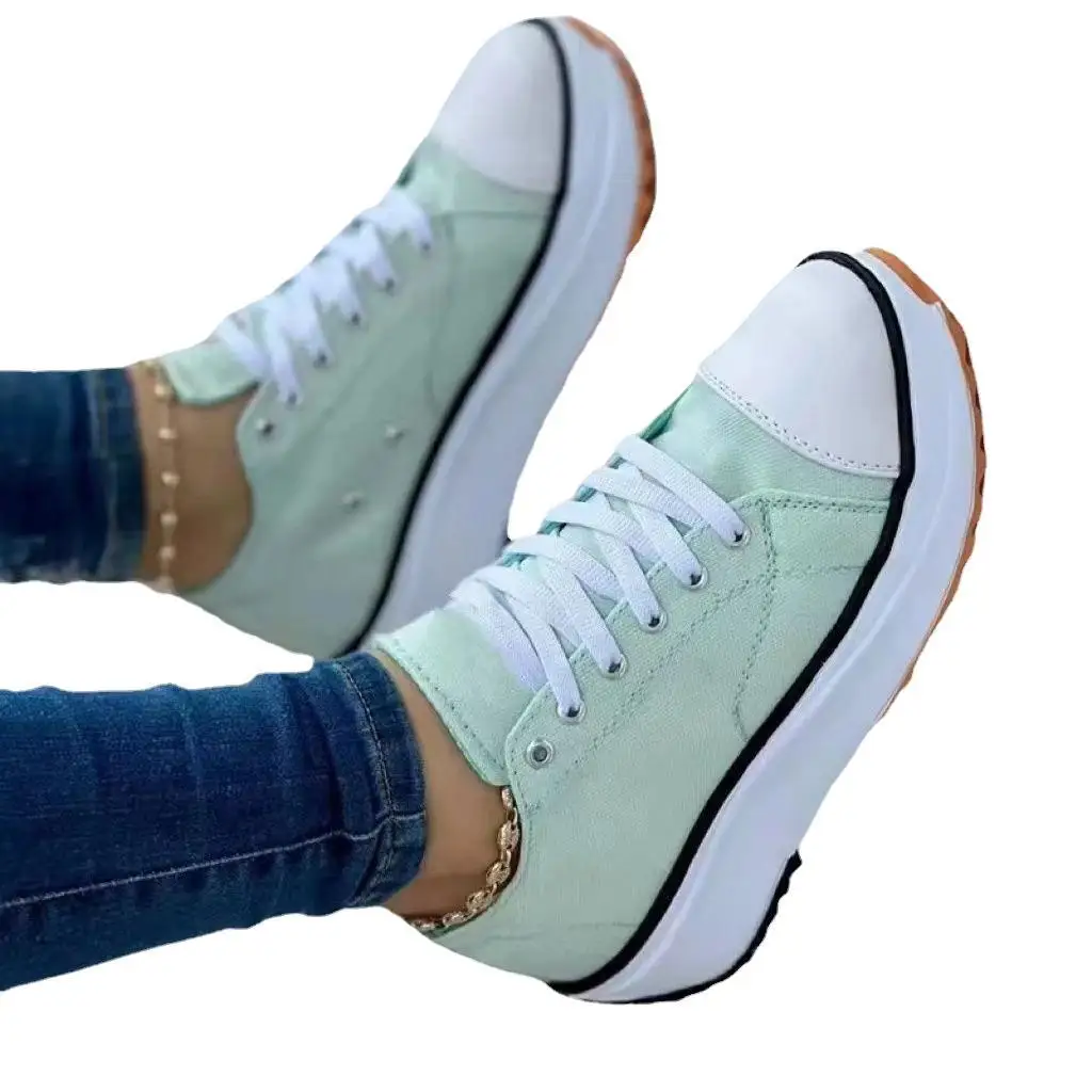 Nieuwe Mode Zomer Damesschoenen Casual Chunky Canvas Sneakers Platform Sportschoenen Dames Kanten Dikke Zool Tennisschoenen Maat 43