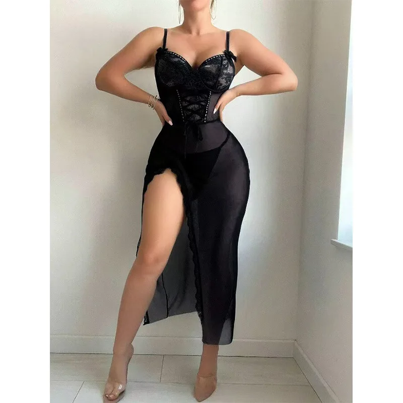 

Новое сексуальное женское белье, сетчатое прозрачное искушение, ночная рубашка на подтяжках, стринги с вырезом, воздержание галстука, сбор и обертывание груди