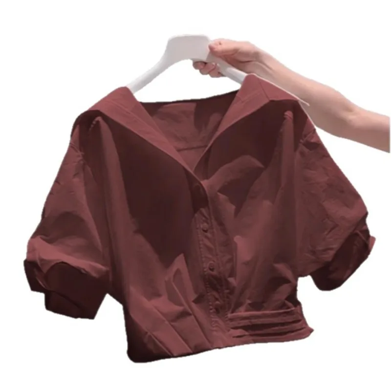 

Новинка 2023 года, уличная французская элегантная рубашка с коротким рукавом, женские летние универсальные корейские свободные короткие рубашки с объемными рукавами на плечах