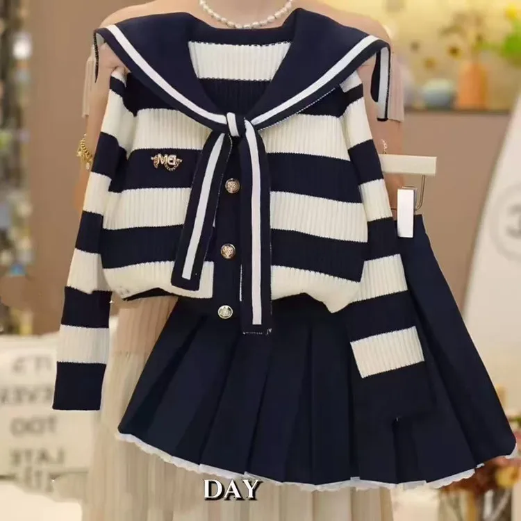 Girls Set Spring Autumn 2026 New Navy Collar Striped Sweater Cardigan Jacket Autumn and Winter Girls Skirt Two-piece Set
