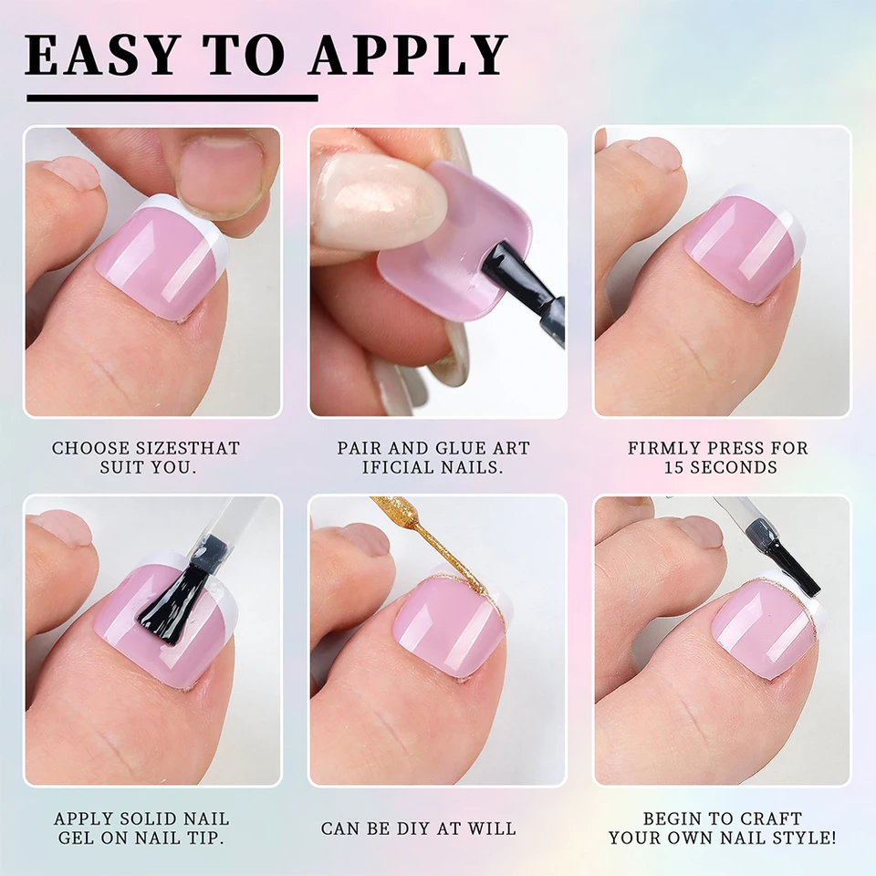 120 puntas de uñas de los pies falsas cortas cuadradas, color rosa, francesas suaves de gel con presión, uñas de los pies falsas con borde blanco, cobertura completa 5