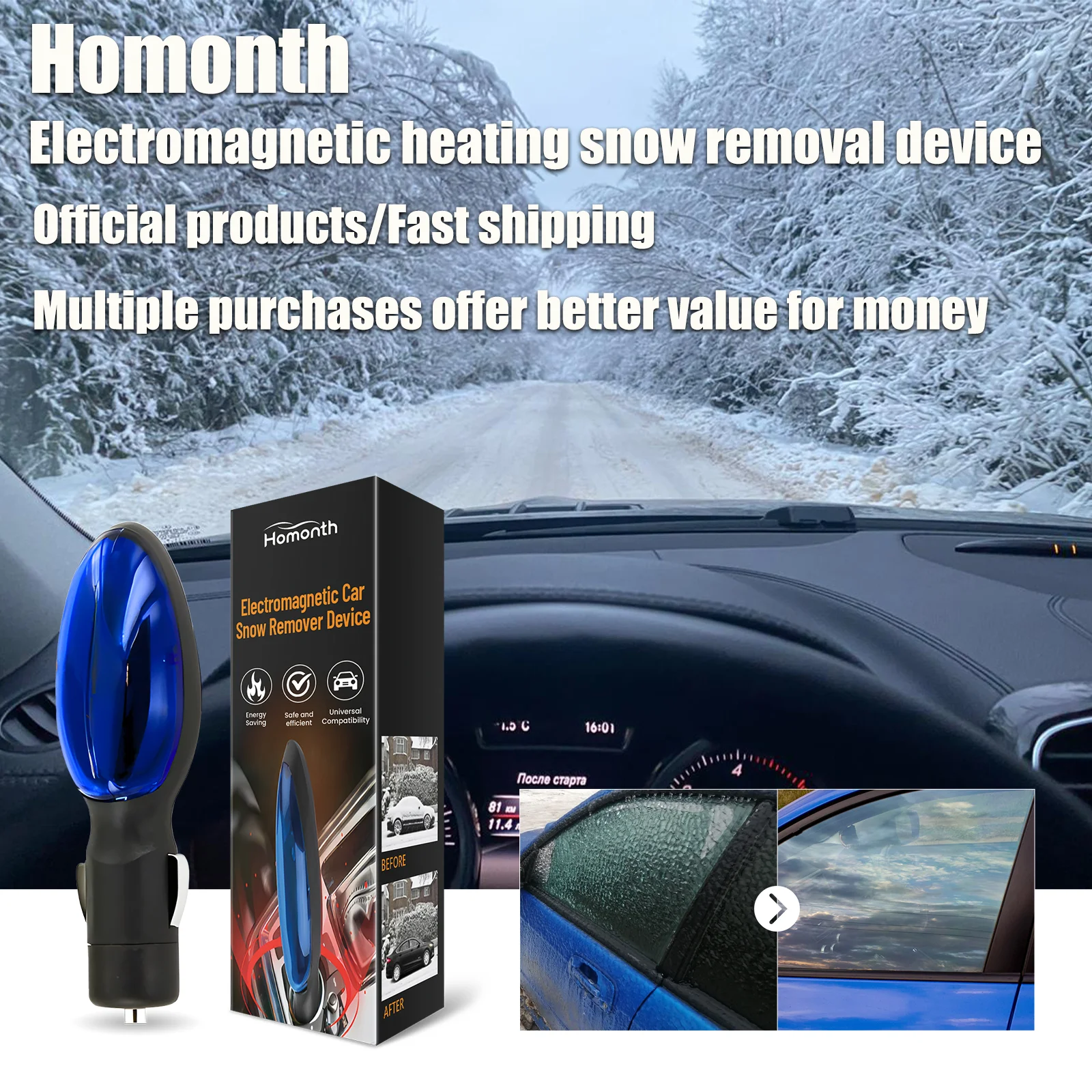 Homonth Electromagnetic Heating Car Deicer Portable Auto Windshield Snow Melter Ice Remover Defroster
