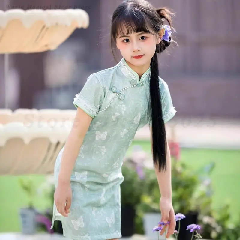 

Зеленый свежий Cheongsam для девочек, новый улучшенный китайский стиль, летнее традиционное платье Ципао с короткими рукавами, классические элегантные платья