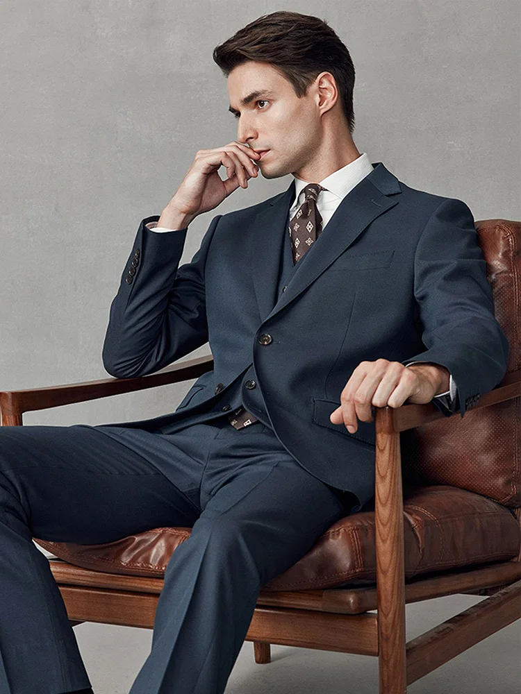 

9% Wool Luxury Blue Formal Suits Set For Men Casual Wedding Groom Wear Blazer Vest Pant Sets Spring Autumn 4 Seasons Clothing 58