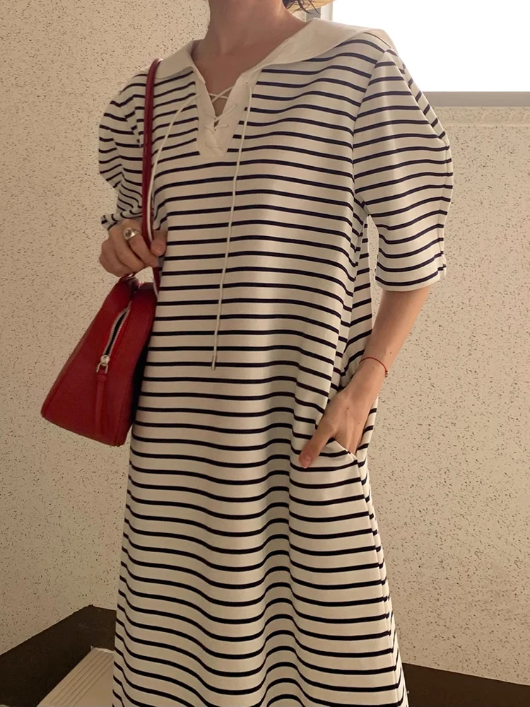 

Summer New Chic Lazy Sle Navy Collar Loose ort Sve Striped Dr Women's Korean Version Loose Waist Other Material Dr
