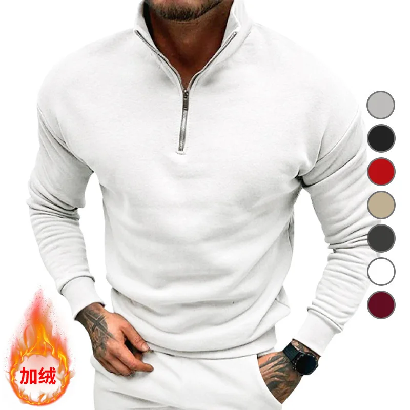 GZMS-Casual Fleece-lined Top for Men, Long Sleeve, Half Zipper, Stand Collar, Monochrome, Fall, Winter