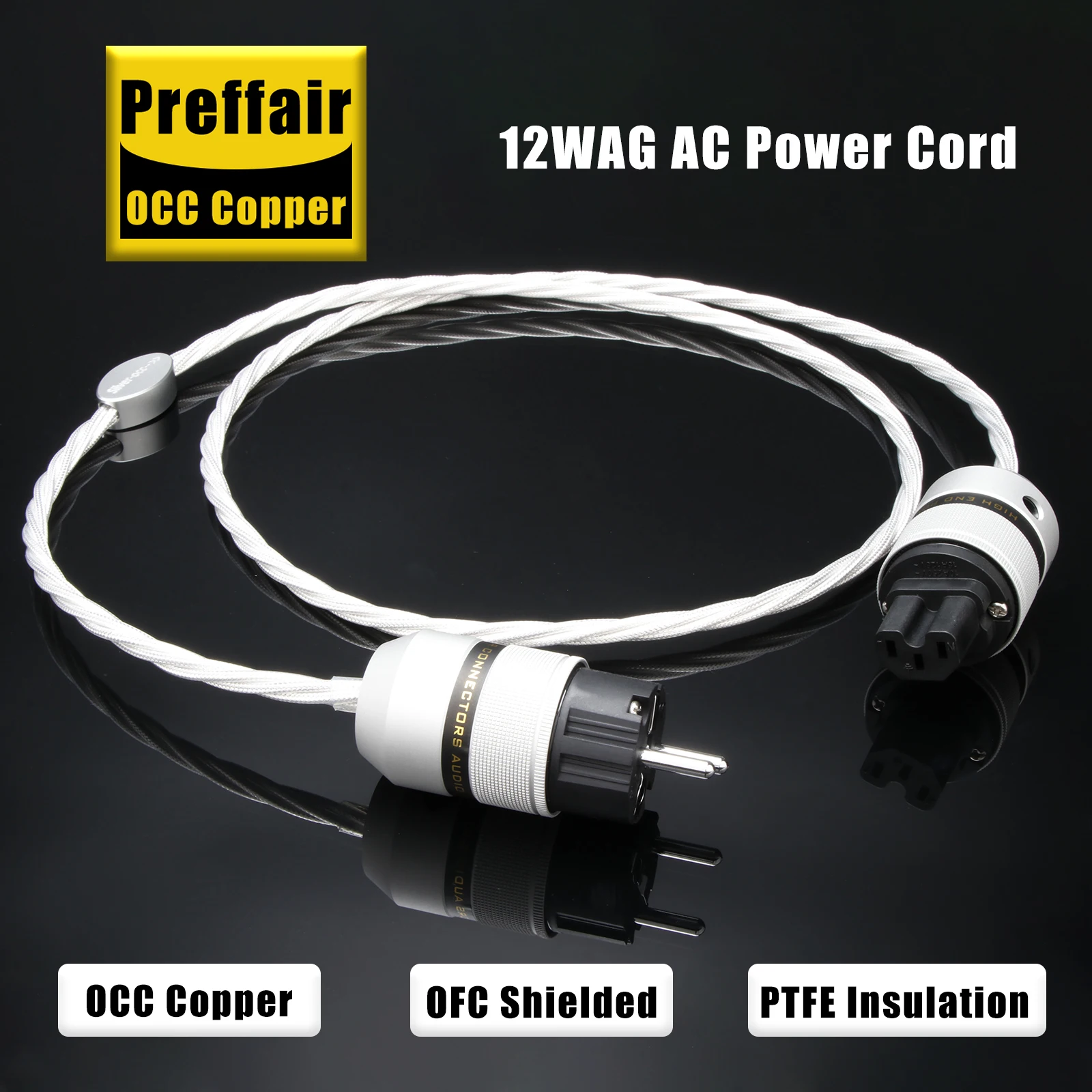 Preffair X463P083 OCC Copper Power Cable with Rhodium Plated Plugs&PTFE Insulation S-Shape Braiding for AMP/CD/DVD/Mixer