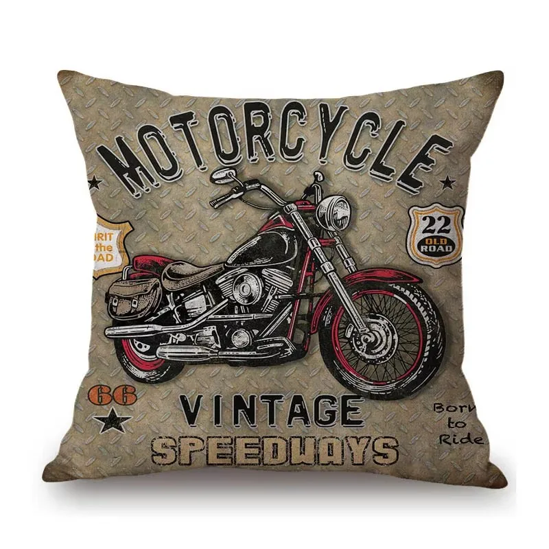 Vintage Classic Motorcycle Club Art Cotton Linen Sofa Throw Pillow Case Home Decorative Motor Bike Chopper Art Cushion Cover