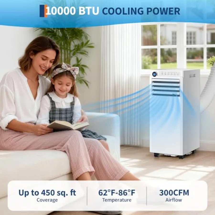 Portable Air Conditioners 10, 000 BTU for rooms up to 450 sq. ft., white ABS plastic housing, quiet cooling/dehumidifying/fan/s