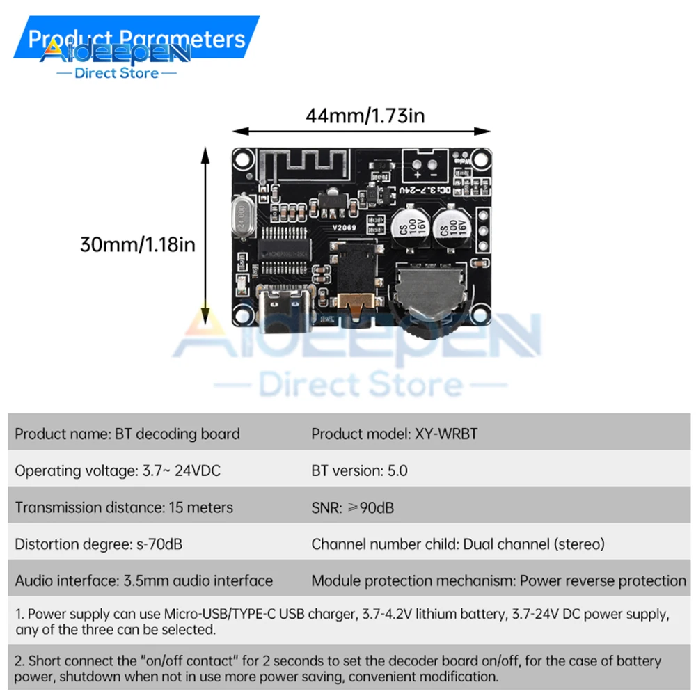 DC 3.7V-24V Bluetooth 5.0 Stereo Audio Receiver Board Mp3 Lossless Decoder Wireless Stereo Music Module XY-WRBT Type-C/Micro USB