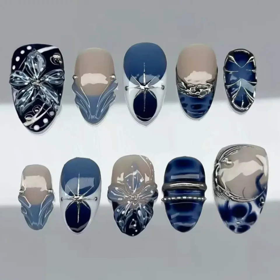 24 piezas de uñas postizas de cobertura completa con flores, degradado azul, almendra larga, diseño de perlas y estrella de mar, uñas francesas de presión 3
